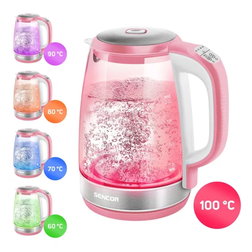 Електрочайник Sencor 2л, Strix, скло, 5 темп.реж, малиновий