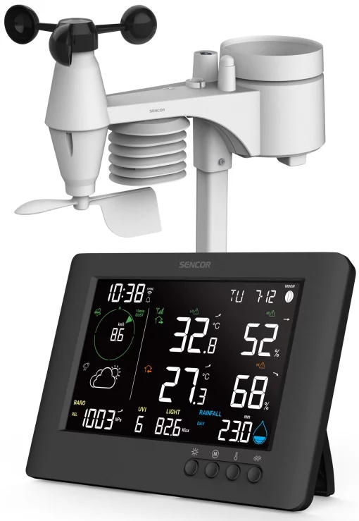 Метеостанція Sencor, внутр/зовн вимірювання, від мережі/CR2032x1+AAx3, темп-ра, вологість, час, прогноз погоди, атмосферний тиск, шв. вітру, підкл. до WIFI, чорний
