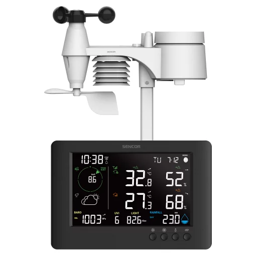 Метеостанція Sencor, внутр/зовн вимірювання, від мережі/CR2032x1+AAx3, темп-ра, вологість, час, прогноз погоди, атмосферний тиск, шв. вітру, підкл. до WIFI, чорний