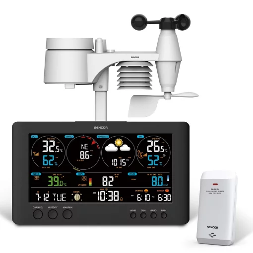 Метеостанція Sencor, внутр/зовн вимірювання, від мережі/CR2032x1+AAx2+AAx3, темп-ра, вологість, час, прогноз погоди, атмосферний тиск, шв. вітру, підкл. до WIFI, чорний