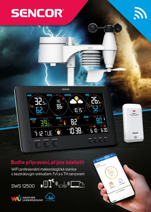 Метеостанція Sencor, внутр/зовн вимірювання, від мережі/CR2032x1+AAx2+AAx3, темп-ра, вологість, час, прогноз погоди, атмосферний тиск, шв. вітру, підкл. до WIFI, чорний