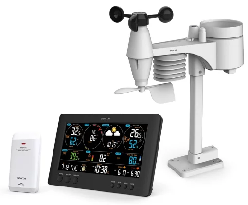 Метеостанція Sencor, внутр/зовн вимірювання, від мережі/CR2032x1+AAx2+AAx3, темп-ра, вологість, час, прогноз погоди, атмосферний тиск, шв. вітру, підкл. до WIFI, чорний