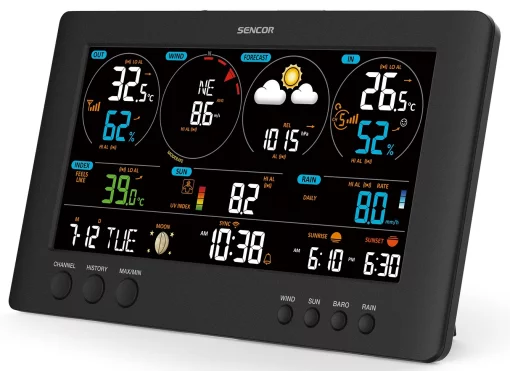 Метеостанція Sencor, внутр/зовн вимірювання, від мережі/CR2032x1+AAx2+AAx3, темп-ра, вологість, час, прогноз погоди, атмосферний тиск, шв. вітру, підкл. до WIFI, чорний