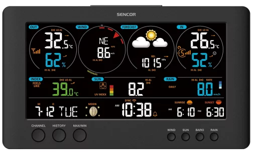 Метеостанція Sencor, внутр/зовн вимірювання, від мережі/CR2032x1+AAx2+AAx3, темп-ра, вологість, час, прогноз погоди, атмосферний тиск, шв. вітру, підкл. до WIFI, чорний