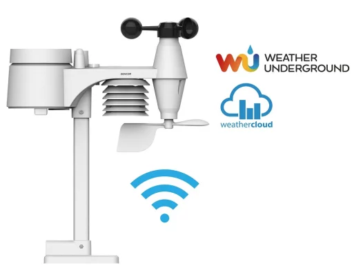 Метеостанція Sencor, внутр/зовн вимірювання, від мережі/CR2032x1+AAx2+AAx3, темп-ра, вологість, час, прогноз погоди, атмосферний тиск, шв. вітру, підкл. до WIFI, чорний