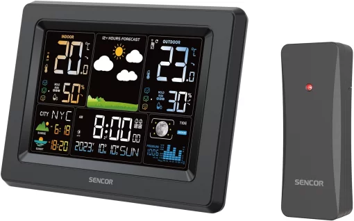 Метеостанція Sencor, внутр/зовн вимірювання, від мережі/AAх3+AAx2, темп-ра, вологість, час, прогноз погоди, чорний