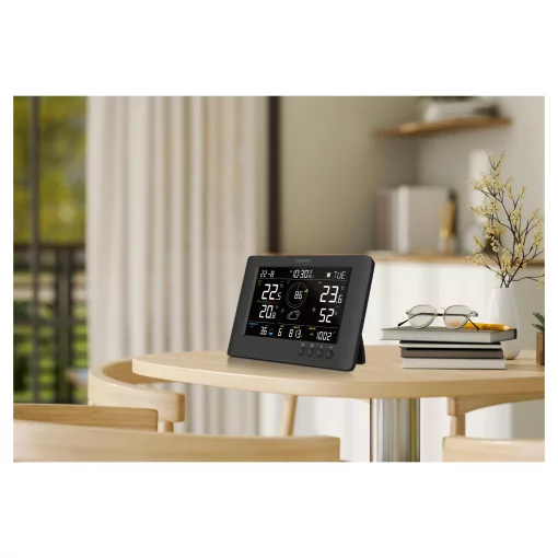 Метеостанція Sencor, внутр/зовн вимірювання, від мережі/CR2032x1+AAx3, темп-ра, вологість, час, прогноз погоди, атмосферний тиск, шв. вітру, чорний