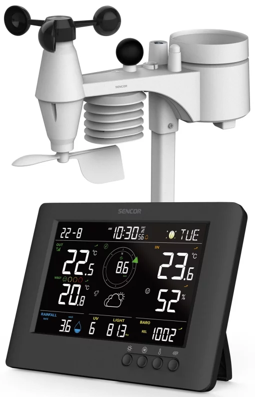 Метеостанція Sencor, внутр/зовн вимірювання, від мережі/CR2032x1+AAx3, темп-ра, вологість, час, прогноз погоди, атмосферний тиск, шв. вітру, чорний