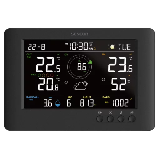 Метеостанція Sencor, внутр/зовн вимірювання, від мережі/CR2032x1+AAx3, темп-ра, вологість, час, прогноз погоди, атмосферний тиск, шв. вітру, чорний