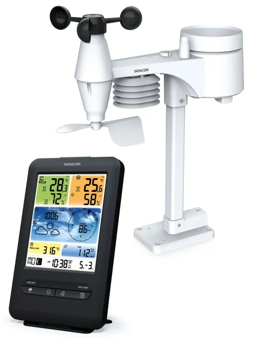 Метеостанція Sencor, внутр/зовн вимірювання, від мережі/CR2032x1+AAx3, темп-ра, вологість, час, прогноз погоди, атмосферний тиск, шв. вітру, чорний