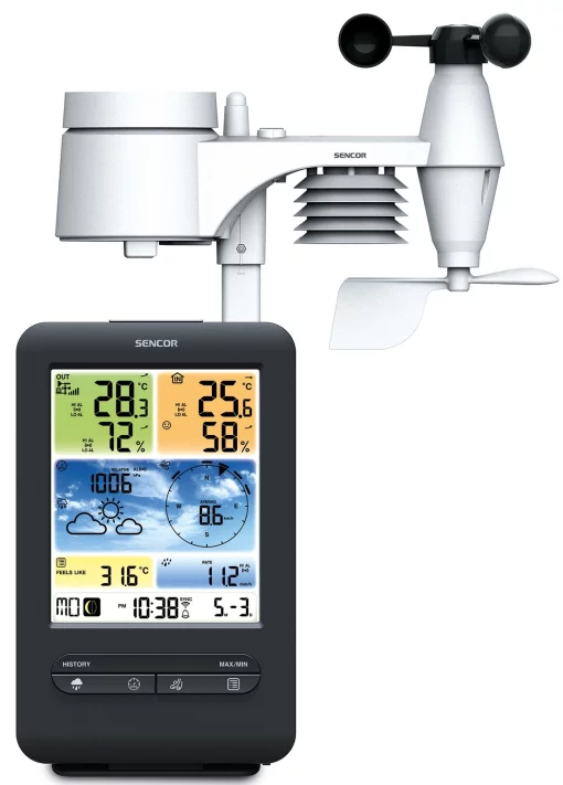 Метеостанція Sencor, внутр/зовн вимірювання, від мережі/CR2032x1+AAx3, темп-ра, вологість, час, прогноз погоди, атмосферний тиск, шв. вітру, чорний