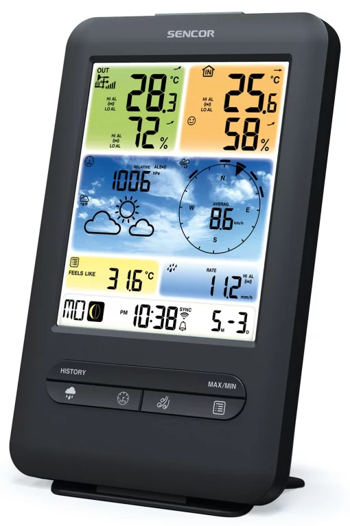 Метеостанція Sencor, внутр/зовн вимірювання, від мережі/CR2032x1+AAx3, темп-ра, вологість, час, прогноз погоди, атмосферний тиск, шв. вітру, чорний