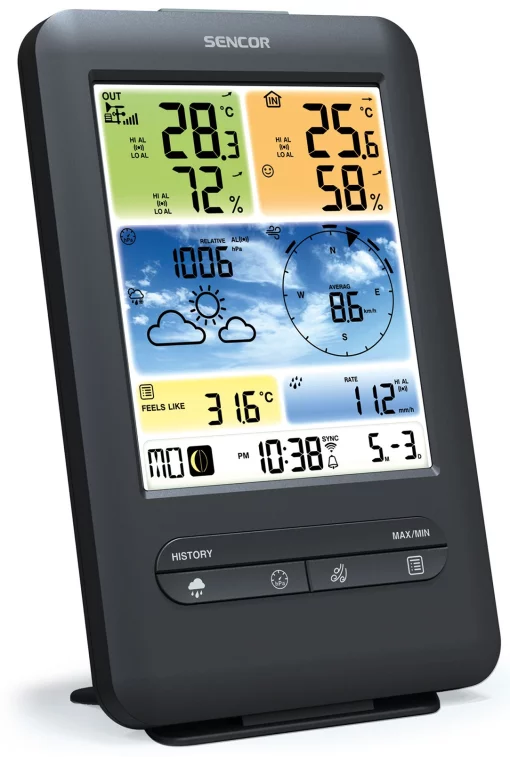 Метеостанція Sencor, внутр/зовн вимірювання, від мережі/CR2032x1+AAx3, темп-ра, вологість, час, прогноз погоди, атмосферний тиск, шв. вітру, чорний