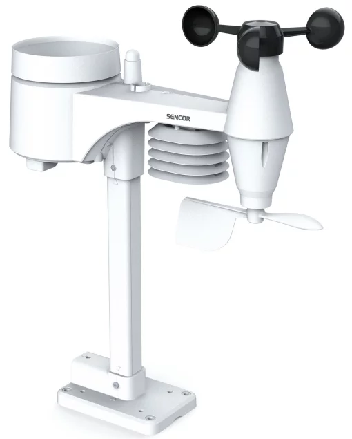 Метеостанція Sencor, внутр/зовн вимірювання, від мережі/CR2032x1+AAx3, темп-ра, вологість, час, прогноз погоди, атмосферний тиск, шв. вітру, чорний