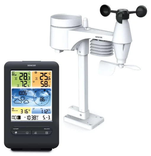 Метеостанція Sencor, внутр/зовн вимірювання, від мережі/CR2032x1+AAx3, темп-ра, вологість, час, прогноз погоди, атмосферний тиск, шв. вітру, чорний