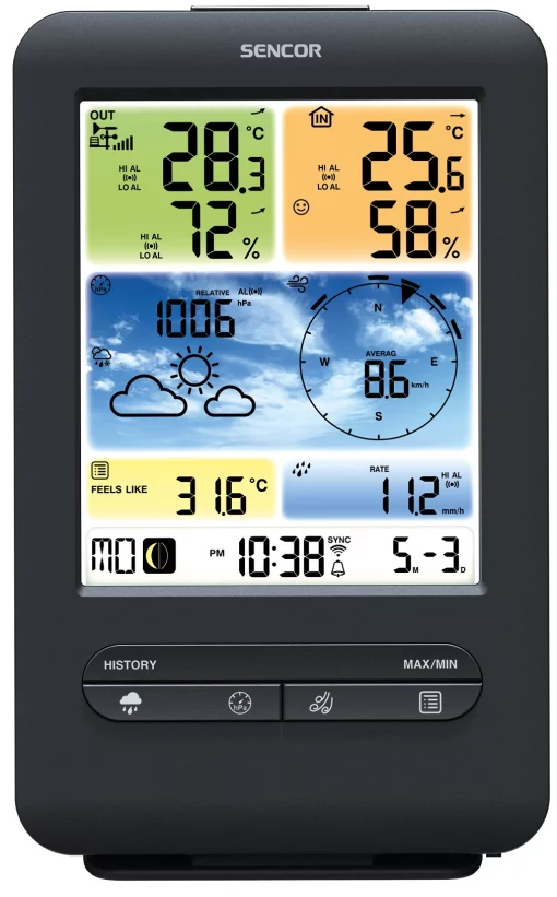 Метеостанція Sencor, внутр/зовн вимірювання, від мережі/CR2032x1+AAx3, темп-ра, вологість, час, прогноз погоди, атмосферний тиск, шв. вітру, чорний