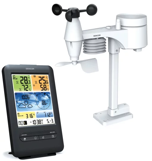 Метеостанція Sencor, внутр/зовн вимірювання, від мережі/CR2032x1+AAx3, темп-ра, вологість, час, прогноз погоди, атмосферний тиск, шв. вітру, чорний