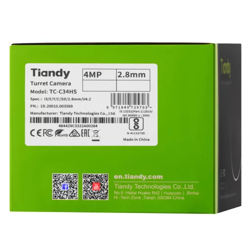 IP-камера Tiandy TC-C34HS Spec:I3/E/Y/C/SD/2.8mm/V4.2, 4MP, Starlight Turret, 2.8mm, f/1.6, IR30m, PoE, IP66
