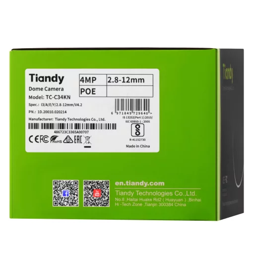 IP-камера Tiandy TC-C34KN Spec:I3/A/E/Y/2.8-12mm/V4.2, 4MP, Dome, 2.8-12mm AVF, f/1.6, IR30m, PoE, IP66