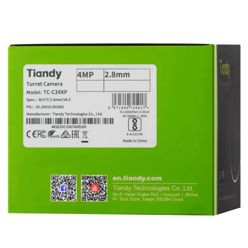 IP-камера Tiandy TC-C34XP Spec:W/E/Y/2.8mm/V4.0, 4MP, Color Maker Turret, 2.8mm, f/1.0, LED15m, DC12V, PoE, IP67