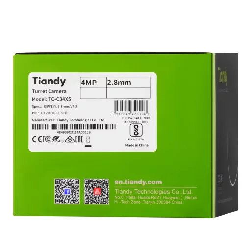 IP-камера Tiandy TC-C34XS Spec:I3W/E/Y/2.8mm/V4.2, 4MP, Starlight Color Maker Turret, 2.8mm, f/1.6, IR30m, LED15m, PoE, IP67