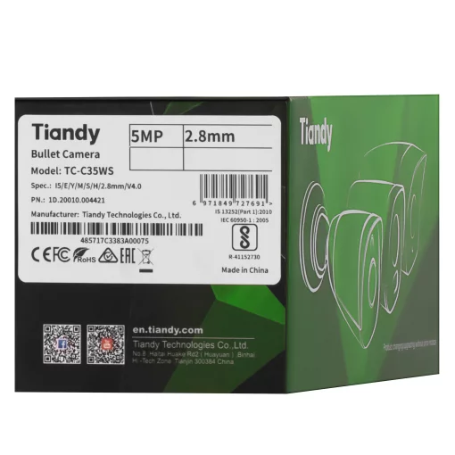 IP-камера Tiandy TC-C35WS Spec:I5/E/Y/M/H/2.8mm/V4.1, 5MP, Starlight Bullet, 2.8mm, f/1.6, IR50m, PoE, IP67