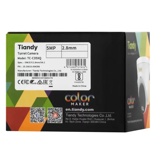 IP-камера Tiandy TC-C35XQ Spec:I3W/E/Y/2.8mm/V4.2, 5MP, EW Color Maker Turret, 2.8mm, f/1.0, IR30m, LED15m, DC12V, PoE, IP66, Speaker