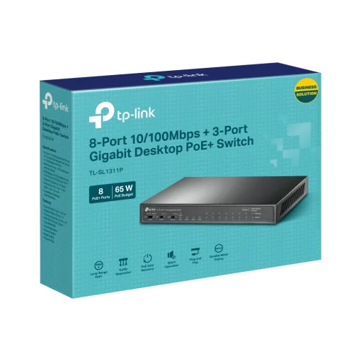 Комутатор TP-LINK TL-SL1311P 8x1FE (8xPoE), 2xGE, 1xSFP, 65Вт, Некерований