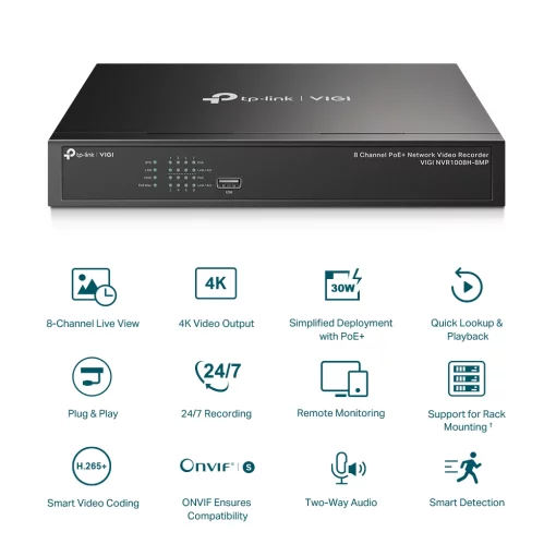IP-Відеореєстратор TP-LINK VIGI NVR1008H-8MP, 8 каналів Poe, 2xUSB, H265+, 1xHDD, до 16 ТБ, чорний