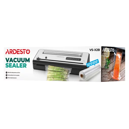 Вакууматор Ardesto для пакетів та рулонів, 110Вт, 28см, електронне, + 1 рулон, пластик+нерж., сріблястий