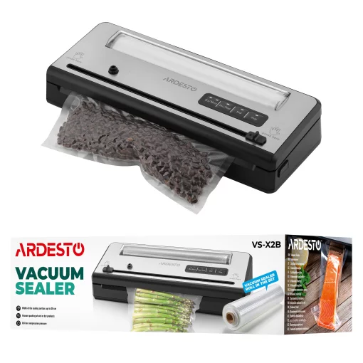 Вакууматор Ardesto для пакетів та рулонів, 110Вт, 28см, електронне, + 1 рулон, пластик+нерж., сріблястий