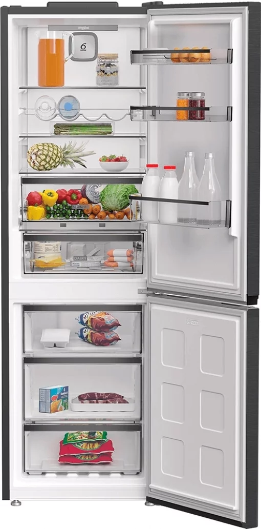 Холодильник Whirlpool з нижн. мороз., 186.5x60х66.3, холод.відд.-210л, мороз.відд.-104л, 2дв., А++, NF, інв., зона нульова, сірий