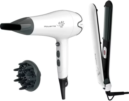 Фен+випрямляч Rowenta набір Pure Collection, 2200Вт, 2 режими, дифузор, щипці для волосся(200°С, кераміка), біло-чорний
